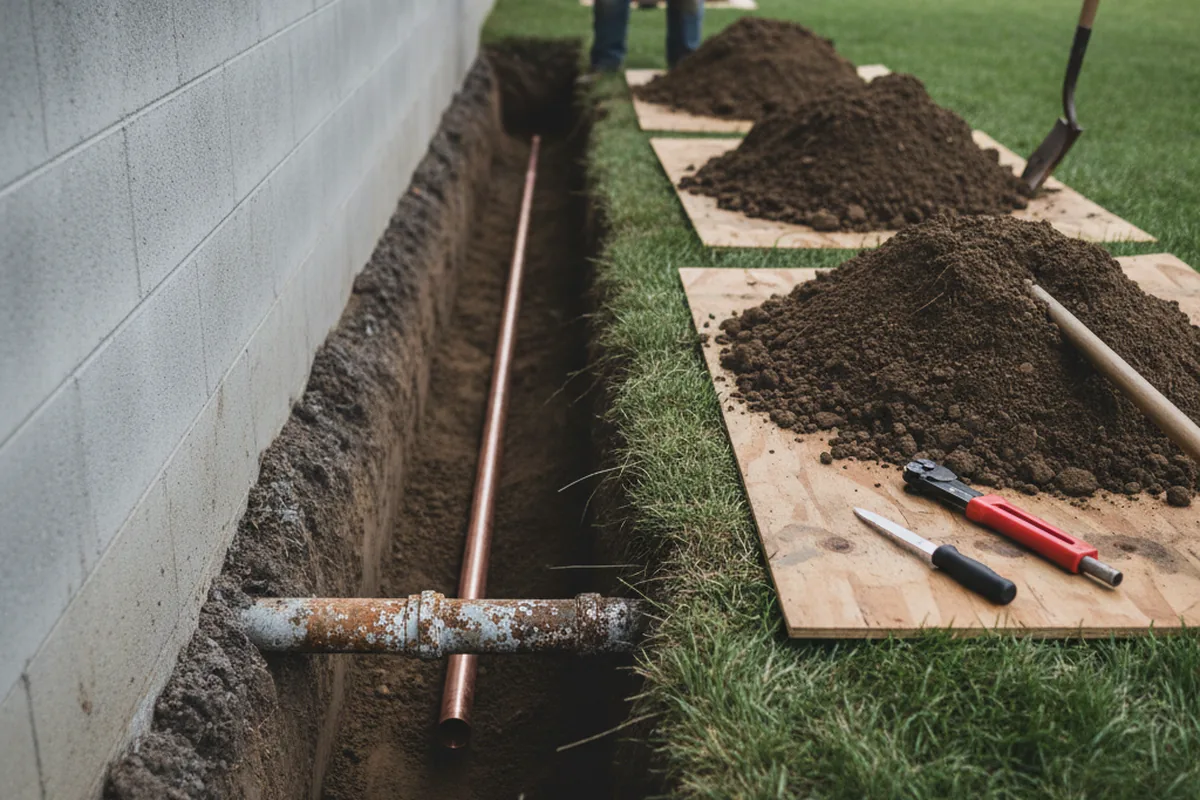 Excavated water line trench during Sewer Line Repair in Mulga